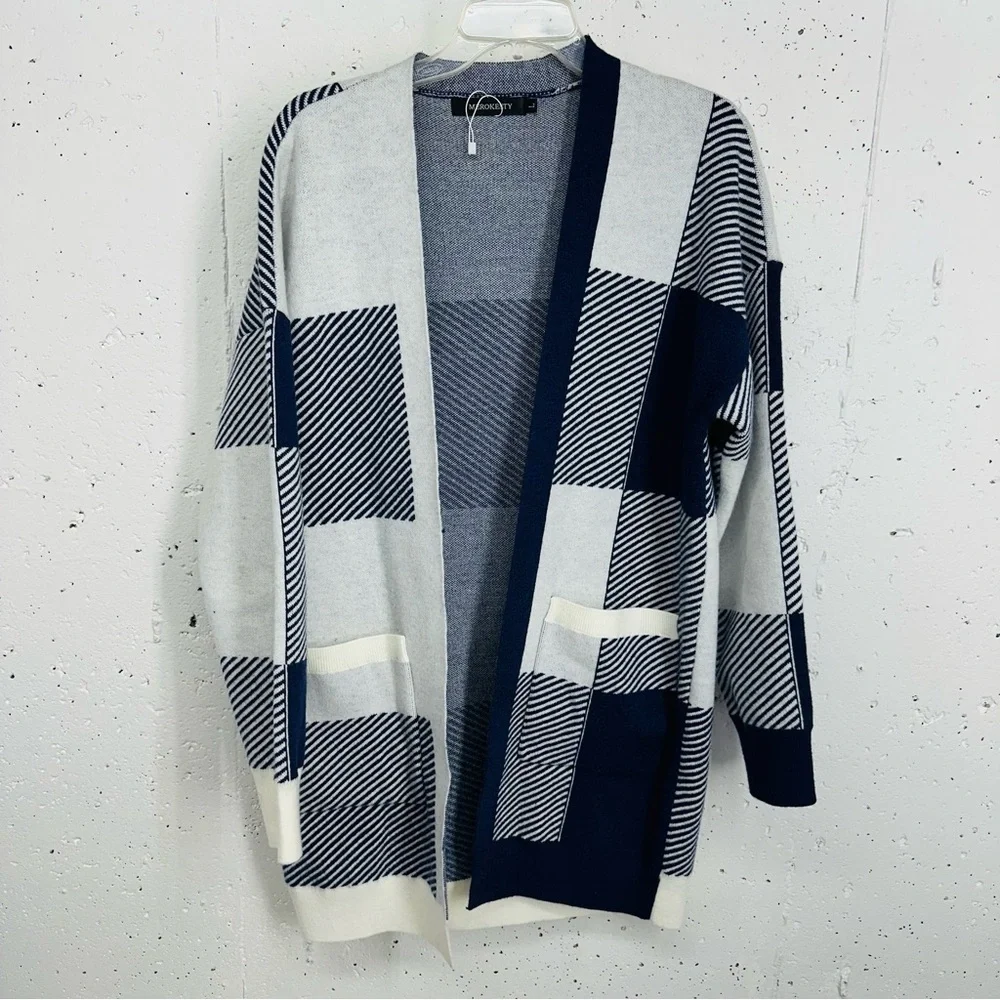 Merokeety Women’s size Large Gray and Blue Open Long Cardigan Sweater - Picture 2 of 10